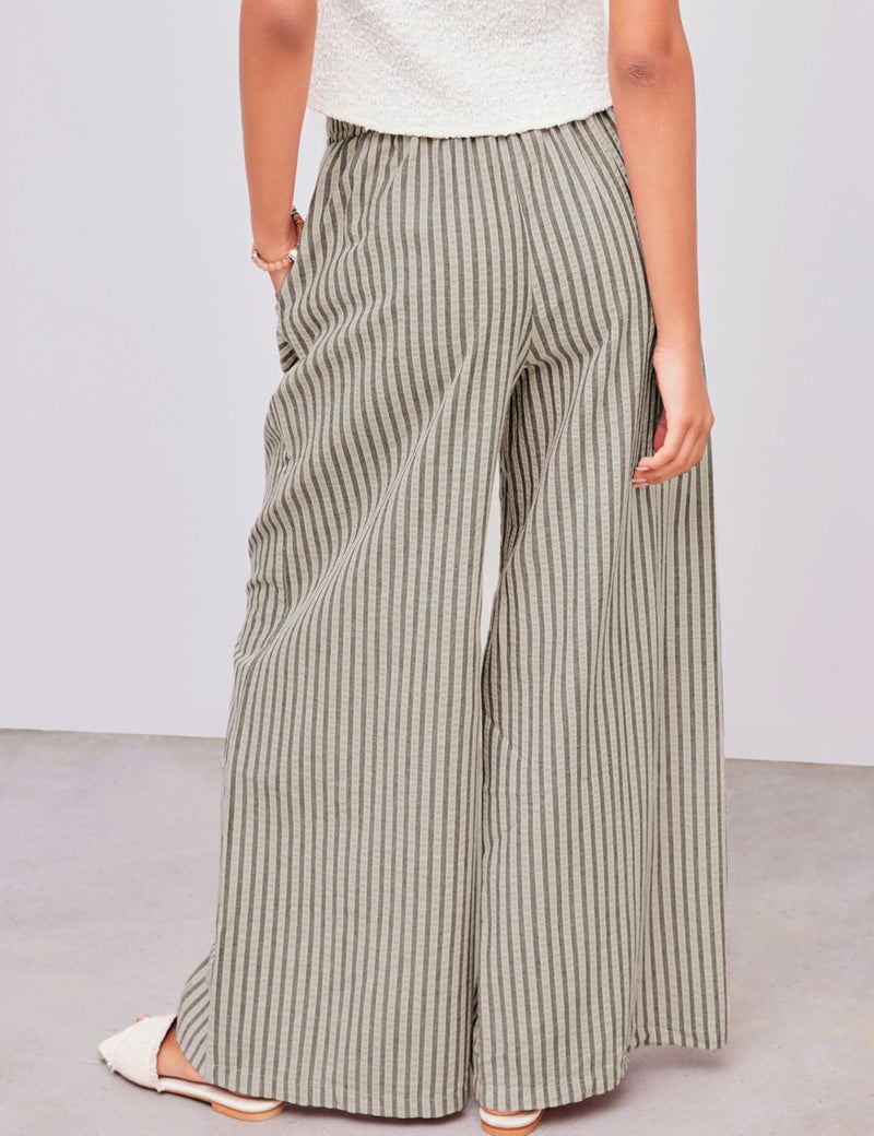 Yeokou Women's Wide Leg Pants Drawstring Striped Cotton Mid Rise Casual Long Palazzo Trousers with Pockets(Tan-L) - Image 4