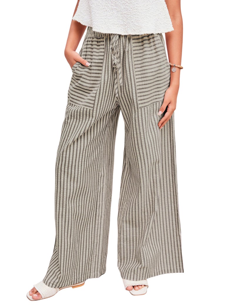 Yeokou Women's Wide Leg Pants Drawstring Striped Cotton Mid Rise Casual Long Palazzo Trousers with Pockets(Tan-L) - Image 2