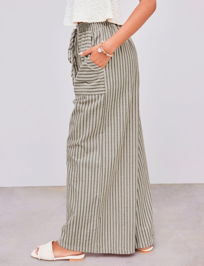 Yeokou Women's Wide Leg Pants Drawstring Striped Cotton Mid Rise Casual Long Palazzo Trousers with Pockets(Tan-L) - Image 3