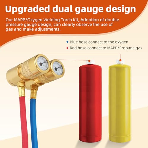 Hosile Update Oxygen MAPP Torch Kit, Dual gauge design, With portable cylinder metal stand and lighter, for Heating, Soldering, Glass Blowing, Oxypropane Welding Gas Cutting Torch Kit - Image 3