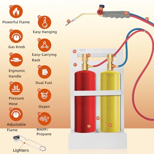 Hosile Update Oxygen MAPP Torch Kit, Dual gauge design, With portable cylinder metal stand and lighter, for Heating, Soldering, Glass Blowing, Oxypropane Welding Gas Cutting Torch Kit - Image 2