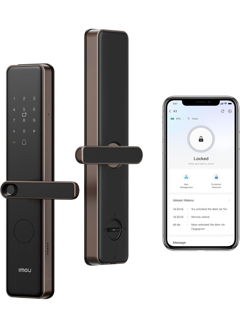 IMOU K1-W Smart Door Lock – 5-in-1 Keyless Entry with Fingerprint, Passcode, App, RFID Card, Mechanical Key – Wi-Fi 2.4GHz, Bluetooth, Touchscreen, Battery Powered, Home/Apartment Security, Gold/Black | K1-G(F)-W-EN - Image 1
