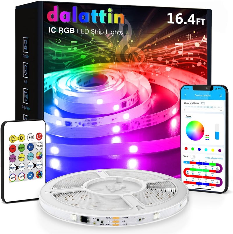 dalattin LED Strip Lights IC+RGB, 5050 Led Lights for Bedroom, DIY Multiple Colors on One Line, Led Lights with Remote&App Control,Color Changing LED Strip Lighting Music Sync,Halloween Gifts, 16.4ft - Image 1