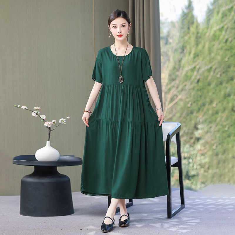 Solid Color Mid-length Dress Womens 2024 Summer New Large Size Printed Loose Short-sleeved A- line Dress Large Swing Long Dress Black - Image 4