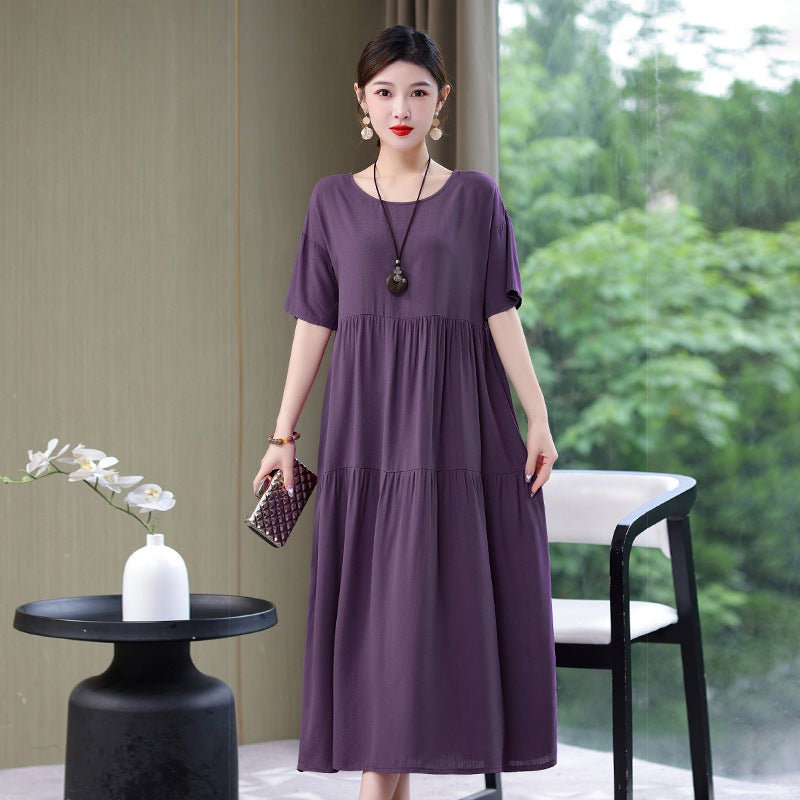 Solid Color Mid-length Dress Womens 2024 Summer New Large Size Printed Loose Short-sleeved A- line Dress Large Swing Long Dress Black - Image 3