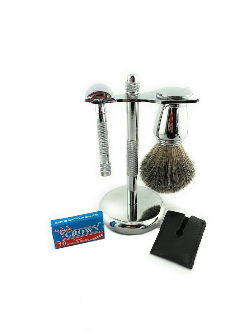 G.B.S Shaving Set 33c DE Safety Razor, Chrome Shaving Brush and Dual Stand for Razor and Shaving Brush, Razor Head Sleeve and 10 Pack of Blades