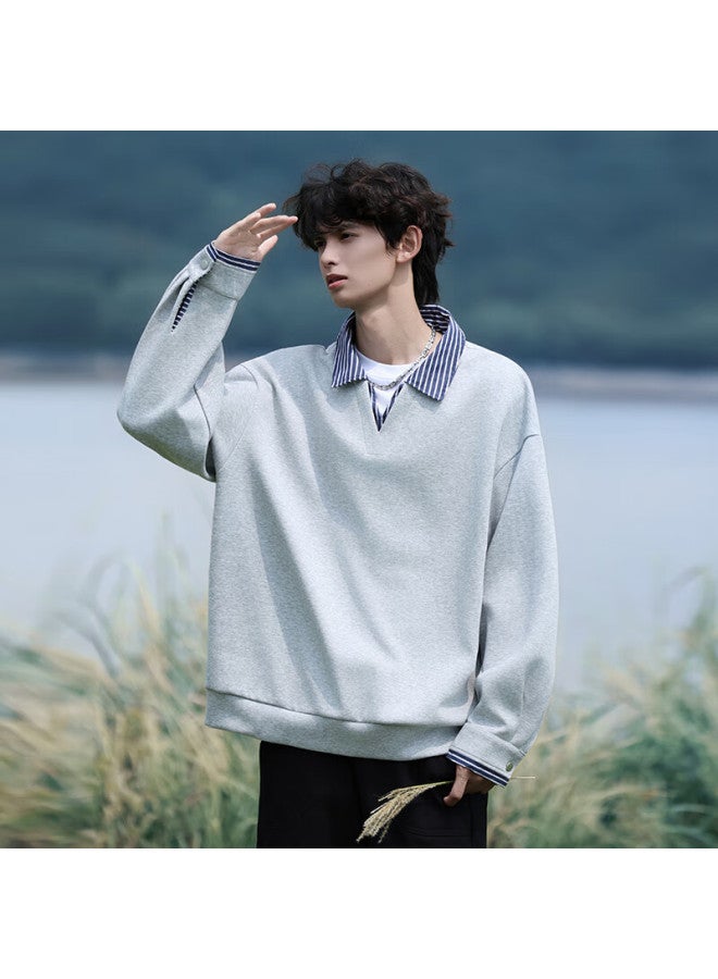 Homlean Fleece-lined Two-piece Look Pullover Hoodie With Collar Winter Men's Warm Casual Loose Fit Top Hp02jr Heather Gray 2XL - Image 2