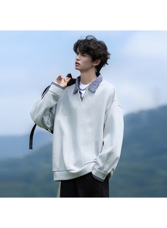 Homlean Fleece-lined Two-piece Look Pullover Hoodie With Collar Winter Men's Warm Casual Loose Fit Top Hp02jr Heather Gray 2XL - Image 1