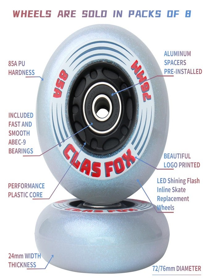 CLAS FOX Inline Skate Wheels With Wheels Bag 72MM/76MM 85A Shining Flash Inline Skate Replacement Wheels With Bearings ABEC-9 (8-Pack) (76MM) - Image 3