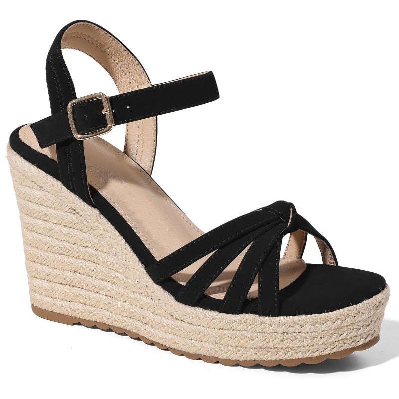 mikarka Sandals for Women 2026: Comfortable Wedge Platform Sandals Women - Braided Espadrilles for Women Ankle Strap Open Toe Wedges Heels Beach Sandals Summer Shoes Black, US Size 8 - Image 1
