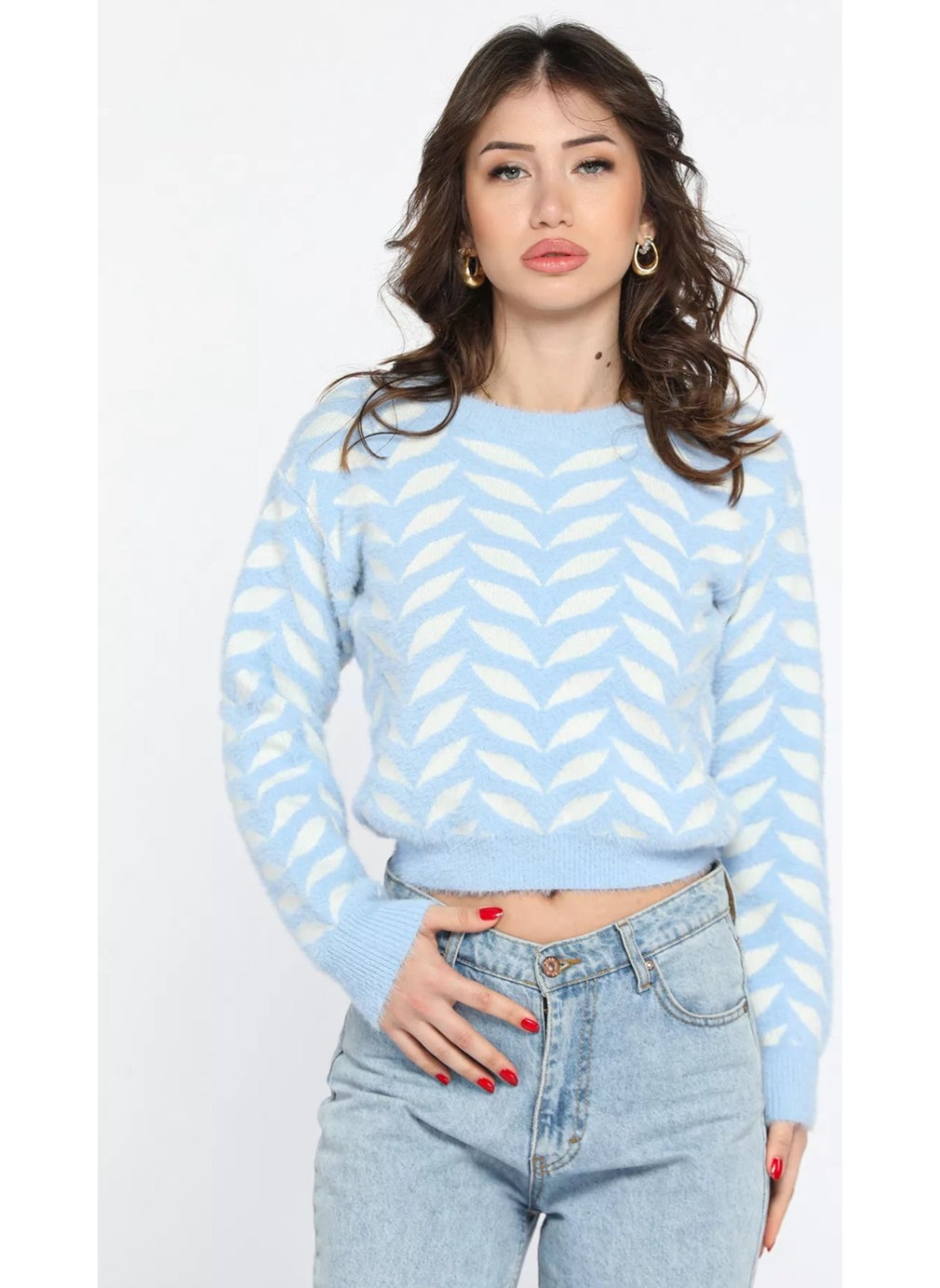 Gülseli Gulseli Crew Neck Patterned Soft Yarn Croptop Women's Knitwear Sweater  - Image 1