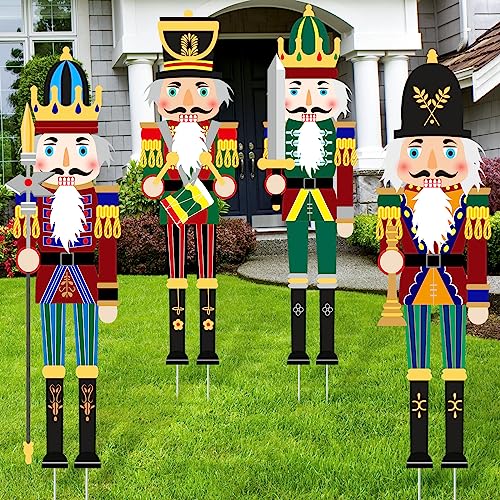 Soaoo 4 Pcs Christmas Nutcracker Gnome Yard Sign with Large Stakes Xmas Courtyard Decor Giant Nutcracker Gnome Outdoor Christmas Decoration for Outside Lawn Porch - Image 1
