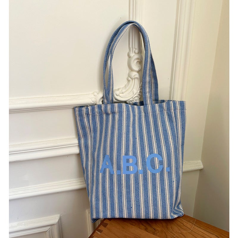Practical Shopping Bag Japanese And Korean Letter Vertical Stripe Thick Canvas Bag Single Shoulder Hand Tote Bag Crude Linen Couple Bag Women - Image 1