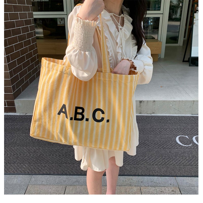 Practical Shopping Bag Japanese And Korean Letter Vertical Stripe Thick Canvas Bag Single Shoulder Hand Tote Bag Crude Linen Couple Bag Women - Image 4