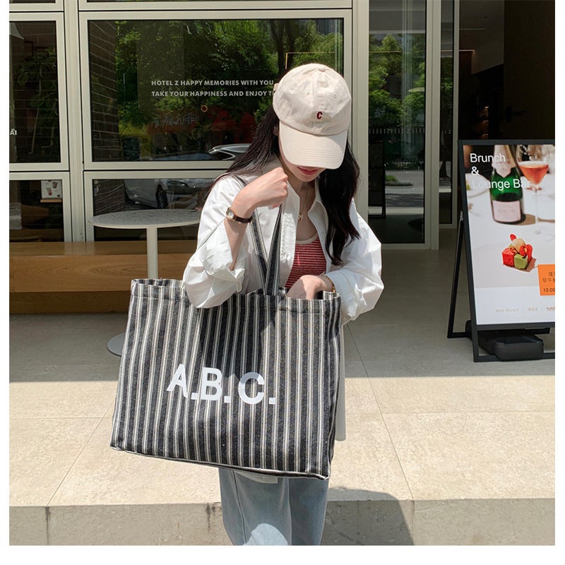 Practical Shopping Bag Japanese And Korean Letter Vertical Stripe Thick Canvas Bag Single Shoulder Hand Tote Bag Crude Linen Couple Bag Women - Image 3