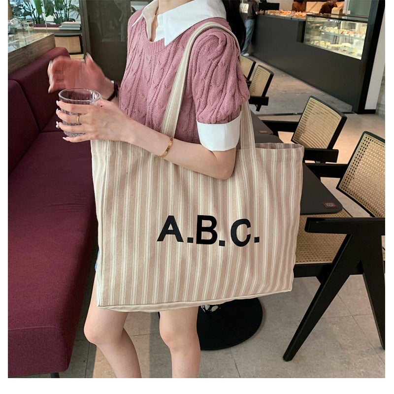 Practical Shopping Bag Japanese And Korean Letter Vertical Stripe Thick Canvas Bag Single Shoulder Hand Tote Bag Crude Linen Couple Bag Women - Image 5