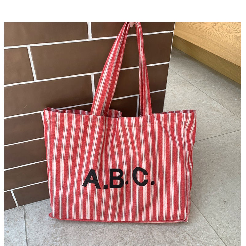 Practical Shopping Bag Japanese And Korean Letter Vertical Stripe Thick Canvas Bag Single Shoulder Hand Tote Bag Crude Linen Couple Bag Women - Image 2