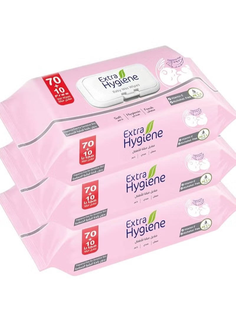 Hygiene Extra Hygiene Wipes Baby Sensitive Skin 70+10 Wet Wipes 3Pcs