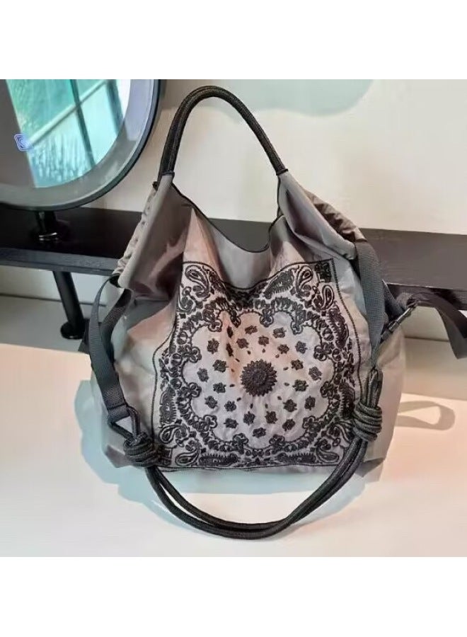 Fashionable Summer Japanese Style Ball Chain Embroidery Large Capacity Women's Shoulder Bag Trendy Crossbody Bag For Motorcycle-Color:Dark Gray Cashew Flower-Size:Large - Image 1