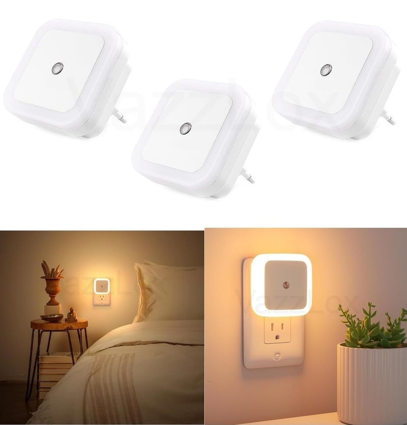 VazzLox Night Lamp for Bedroom 3PCS Smart Sensor Automatic ON/OFF Dim LED Light Energy Saving 0.5W Night Light Long Life Plug in Bed Lamps for Bedroom Lights for Hallway Stairs Kitchen Bathroom (Warm) - Image 1