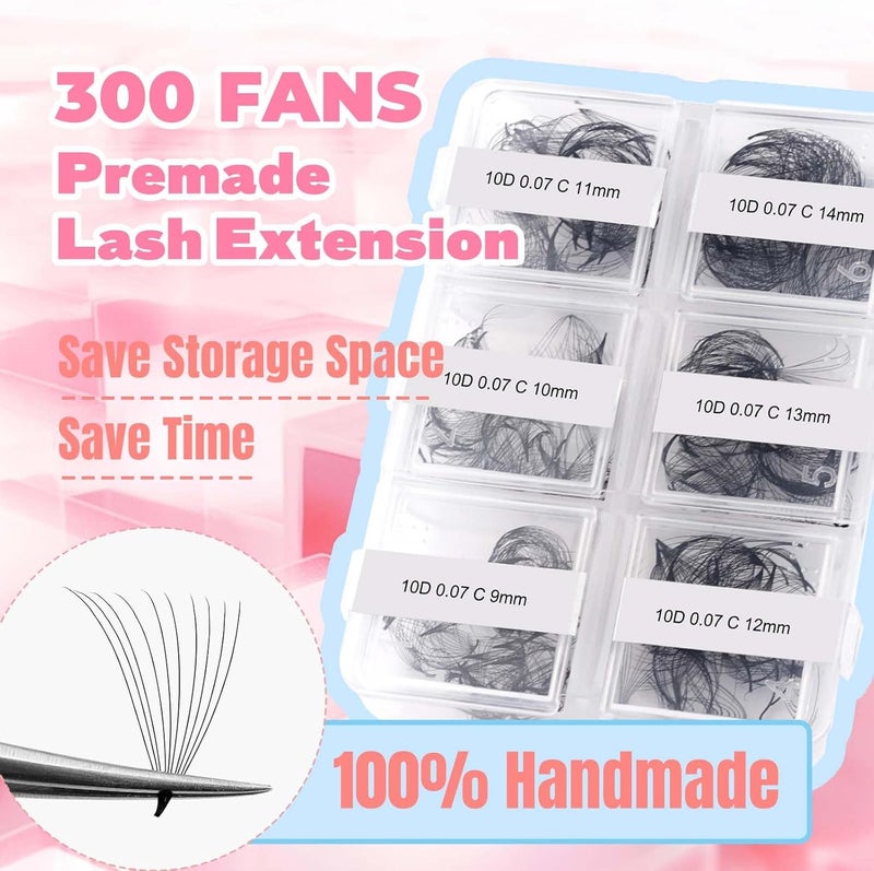 FADLASH Premade Fans Eyelash Extensions 300pcs 10D Premade Lash Fans C Curl Pre Made Fans Lash Extensions Volume Eyelash Extensions Premade Eyelash Fans Loose Fans (10D-0.07C-9-14mm) - Image 2