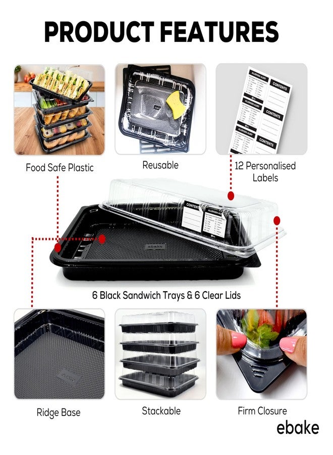 ebake 6 Pack Catering Trays with Lids – 13" Serving Tray with Lid, Heavy Duty Recyclable Plastic Party Platters for Catering, Buffet, Picnics & Events – Food Trays with Clear Lid (13.39 × 9.84 × 2.95 inch) - Image 3