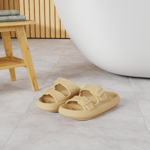 BRONAX Pillow Slippers Shower Slides for women Mens Bathroom Beach Pool EVA Thick Sole Cushion Foam Sandals Ladies Female Male Open Toe Double Buckle Brown - Image 2