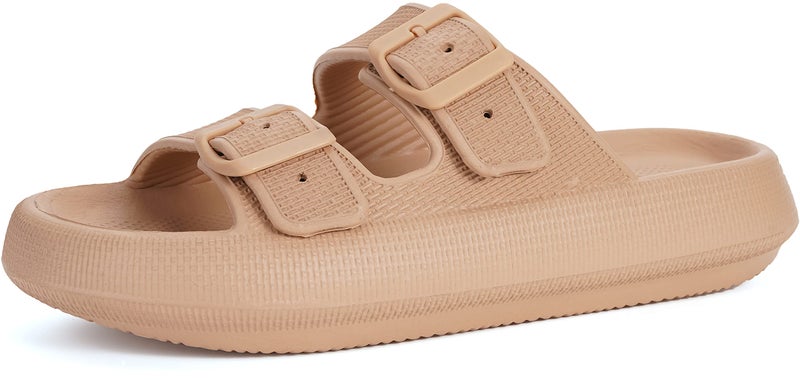 BRONAX Pillow Slippers Shower Slides for women Mens Bathroom Beach Pool EVA Thick Sole Cushion Foam Sandals Ladies Female Male Open Toe Double Buckle Brown - Image 1