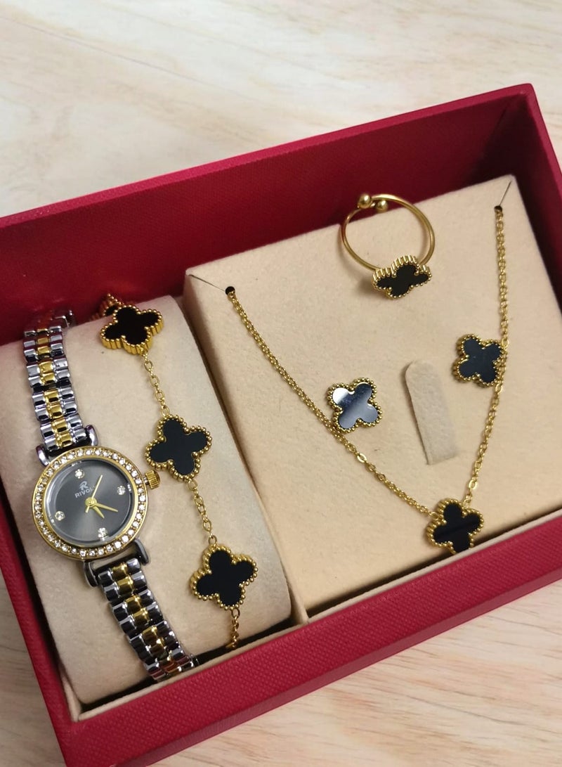 ريفولي طقم نسائي أنيق من الفولاذ المقاوم للصدأ يتكون من ساعة مقاومة للماء مع مجموعة من الأساور والخواتم والقلائد والأقراط - Image 1