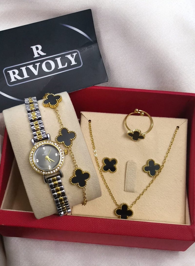 ريفولي طقم نسائي أنيق من الفولاذ المقاوم للصدأ يتكون من ساعة مقاومة للماء مع مجموعة من الأساور والخواتم والقلائد والأقراط - Image 2