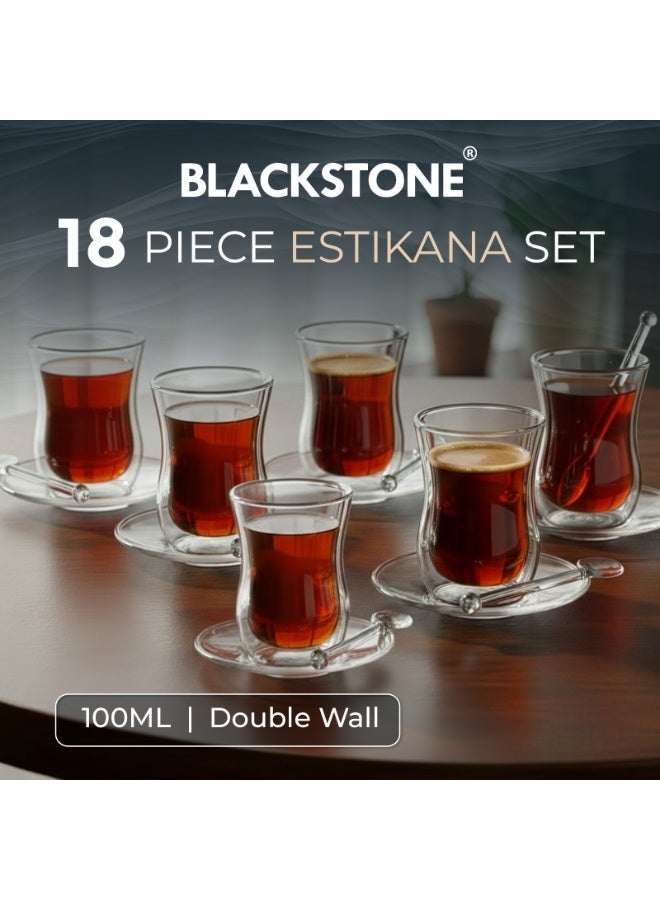 BLACKSTONE TS891 Double Wall Estikana Tea Set 18pcs 100ml Borosilicate Glass Cups with Saucer and Spoon - Image 2