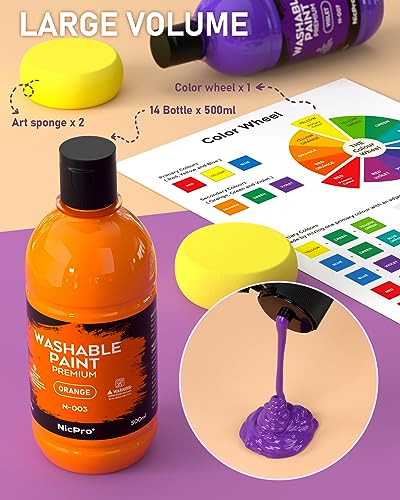 Nicpro 14 Colors Large Washable Paint Set for Kid (16.9 oz, 500 ml), Acrylic Bulk Paint Supplies Non Toxic Children Tempera Paint for Art, Craft DIY, Poster & Finger Paint, School, Party, Classroom - Image 4