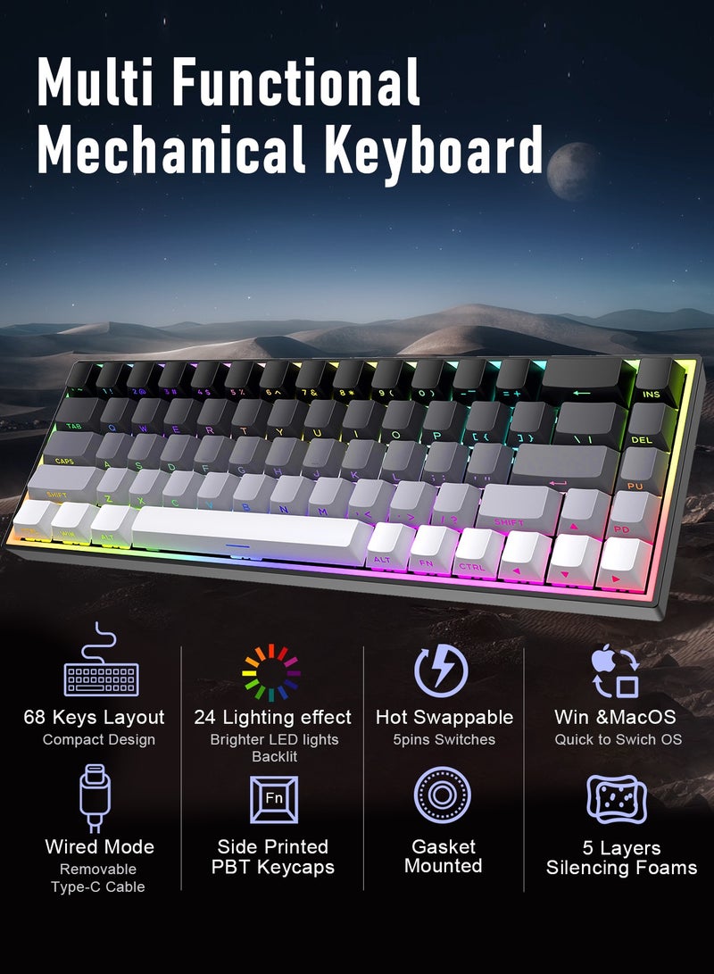 ZIPFORCE Gaming Keyboard,68-Key Mechanical Keyboard, Blue Liner Switches, Type-C Wired Connection, Multi-Color Mixed Backlight, PBT Keycaps, 100 Million Keystroke Lifespan, Hot Swappable Compact Gaming Keyboard - Image 2