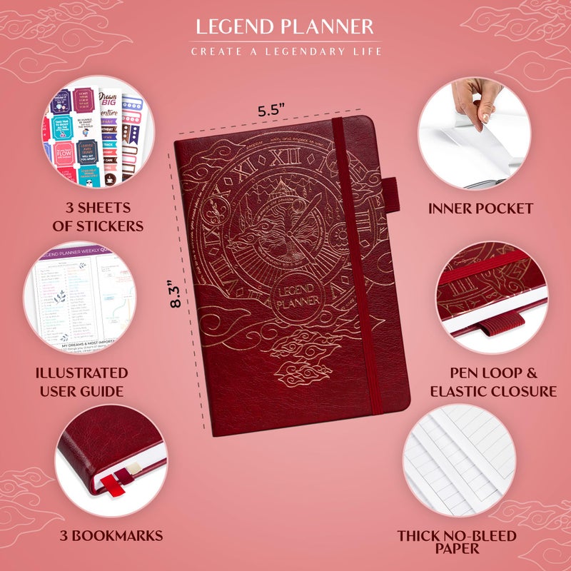 Legend Planner â€“ Weekly & Monthly Life Planner to Hit Your Goals & Live Happier. Organizer Notebook & Productivity Journal. A5 (Wine Red) - Image 2