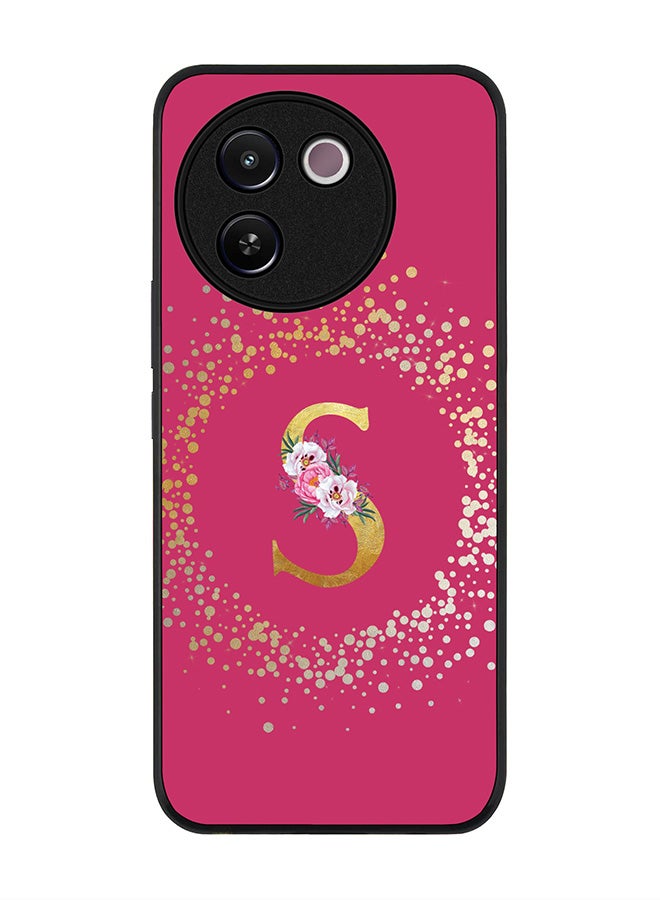 Stylizedd Rugged Black edge case for Vivo V30e, Slim fit Case Flexible Cover - Custom Monogram Initial Letter Floral Pattern Alphabet - S ( Deep Pink Rose ) - Image 1