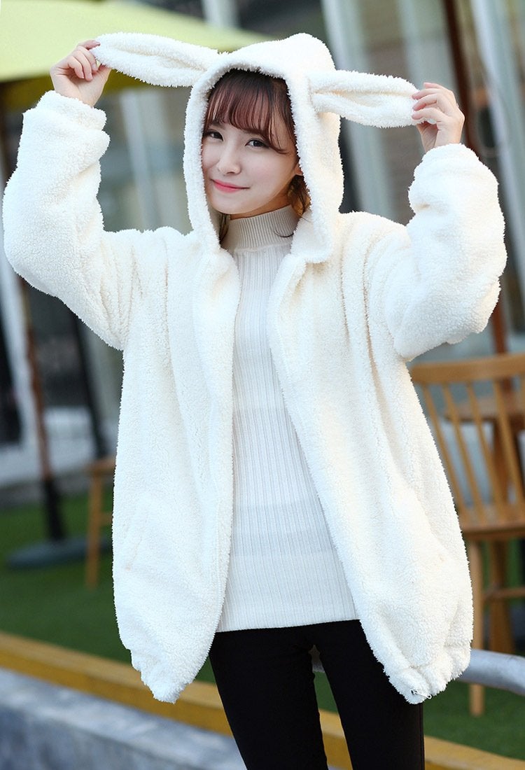 acdiac Fluffy Kawaii White Rabbit Hoodie With Ears Tail Top For Women,Casual Cute Winter Warm Animal Zip Up Jacket Sweet Sweater Coat For Home/shopping/Partty Clothing (white rabbit) - Image 2
