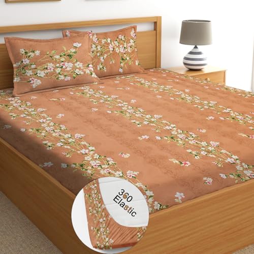 STARNSTYLE 100% Cotton Super Soft 240 Thread Count Elastic Fitted All Around Elastic Printed King Size Double Bed Bedsheet with 2 Pillow Cover 72" X 78" - Image 1