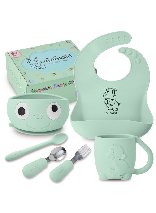 Cute and Wild Baby Silicone Baby Feeding Set with Gift Box, Feeding Bowl, Bib, Cup, Spoon, Fork in Baby Food Eating Set, BPA Free Baby Led Weaning Set, 6M+, 6 Pcs, Mint Color