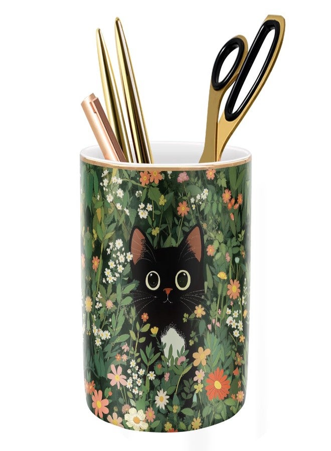 WAVEYU Pen Holder, Pencil Cup for Desk, Cute Makeup Brush Holder, Durable Ceramic Organizer Decor for Room, Office, Classroom, Cute Cat Pattern - Image 1