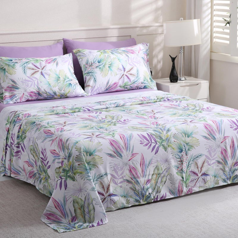LONAVA Floral King Size Bed Sheet Set, 6 Piece, Deep Pocket Taro Purple Fitted Sheet, Comfy & Breathable Patterned Flat Sheets, Premium Microfiber, Tropical Botanical Verdure Printed - Image 1
