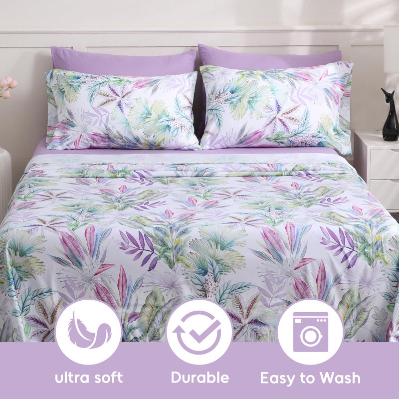 LONAVA Floral King Size Bed Sheet Set, 6 Piece, Deep Pocket Taro Purple Fitted Sheet, Comfy & Breathable Patterned Flat Sheets, Premium Microfiber, Tropical Botanical Verdure Printed - Image 5