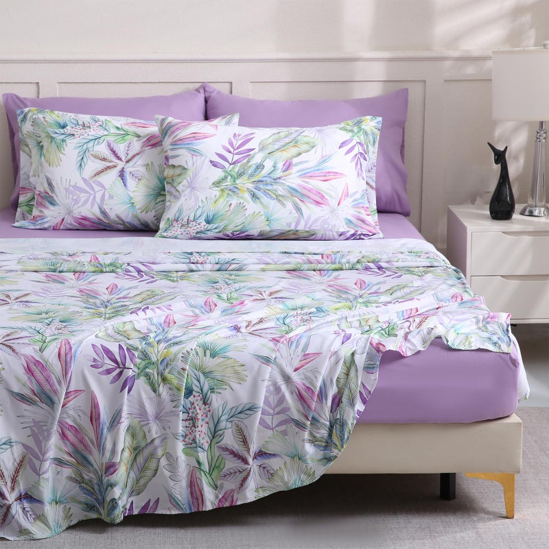 LONAVA Floral King Size Bed Sheet Set, 6 Piece, Deep Pocket Taro Purple Fitted Sheet, Comfy & Breathable Patterned Flat Sheets, Premium Microfiber, Tropical Botanical Verdure Printed - Image 2