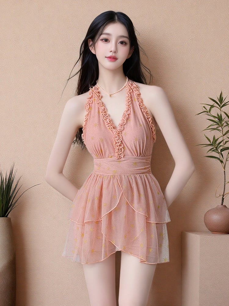 Women's One-Piece Swimsuit 2025 French V-Neck Retro Solid Color Beach Vacation Swimming  Wear - Image 3