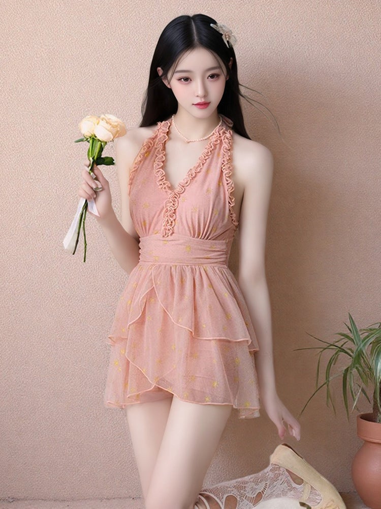 Women's One-Piece Swimsuit 2025 French V-Neck Retro Solid Color Beach Vacation Swimming  Wear - Image 2