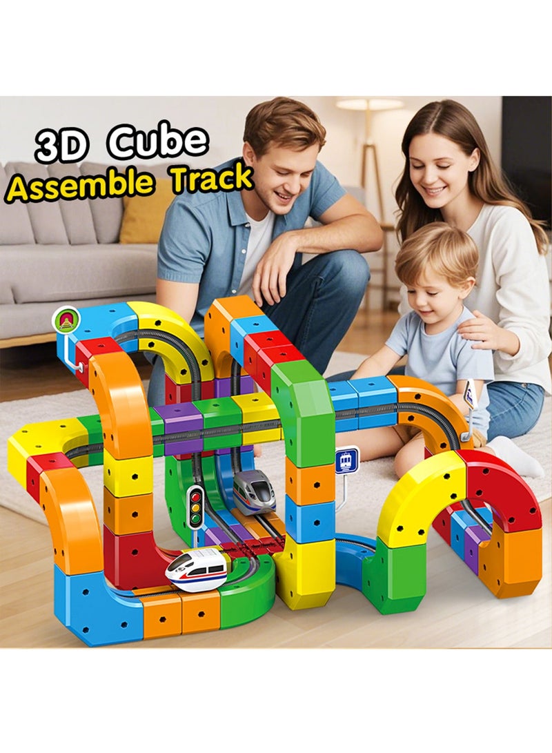 Electric Train Set, Flexible Track Fusion Train Set, DIY Race Car Track Building Kits with Train and Traffic Signs, for 4-10 Year Old Boys Girls Christmas Birthday Party Gifts (81pcs) - Image 3