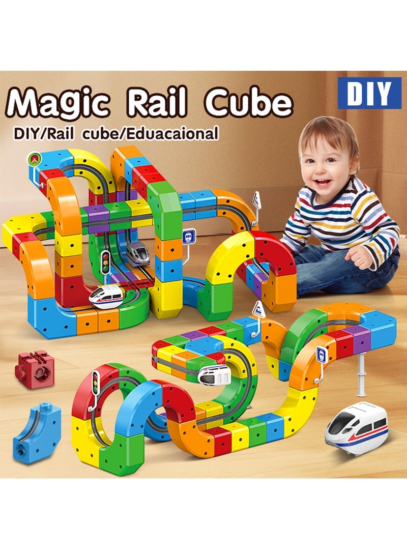 Electric Train Set, Flexible Track Fusion Train Set, DIY Race Car Track Building Kits with Train and Traffic Signs, for 4-10 Year Old Boys Girls Christmas Birthday Party Gifts (81pcs) - Image 1