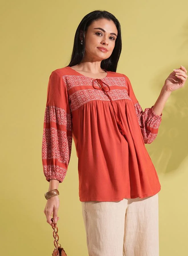 globus Ethnic Print Gathered A-Line Workwear Tunic