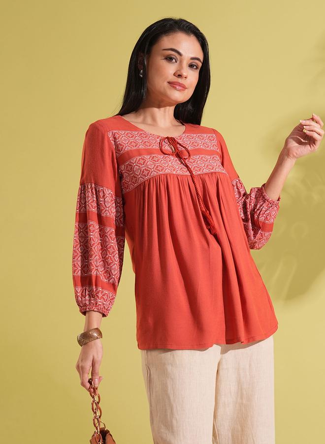 globus Ethnic Print Gathered A-Line Workwear Tunic - Image 1