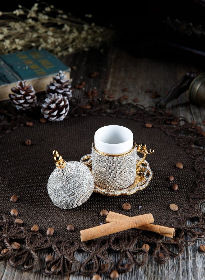 ديمكس فنجان قهوة تركي وإسبريسو من ديمكس، فنجان قهوة تركي يوناني عربي فاخر مع بطانة داخلية من البورسلين، وحامل معدني، وصحن وغطاء، مصنوع يدويًا مع كريستالات، 2 أونصة - 60 مل (ذهبي مع كريستالات) - Image 5