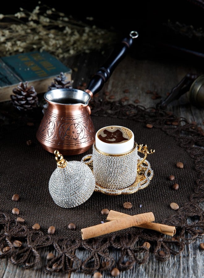 ديمكس فنجان قهوة تركي وإسبريسو من ديمكس، فنجان قهوة تركي يوناني عربي فاخر مع بطانة داخلية من البورسلين، وحامل معدني، وصحن وغطاء، مصنوع يدويًا مع كريستالات، 2 أونصة - 60 مل (ذهبي مع كريستالات) - Image 4